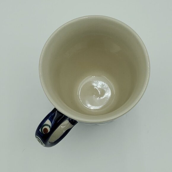 Polish Pottery Peacock Leaves Mug Peacock Blue Circles Green Stripes Mug - Picture 5 of 7